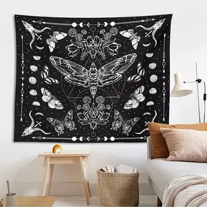 1pc Black White Moth Moon Phase Tapestry, Mystic Gothic Wall Hanging with Lunar Cycle & Butterfly Print, Aesthetic Room Decor for Bedroom, Living Room