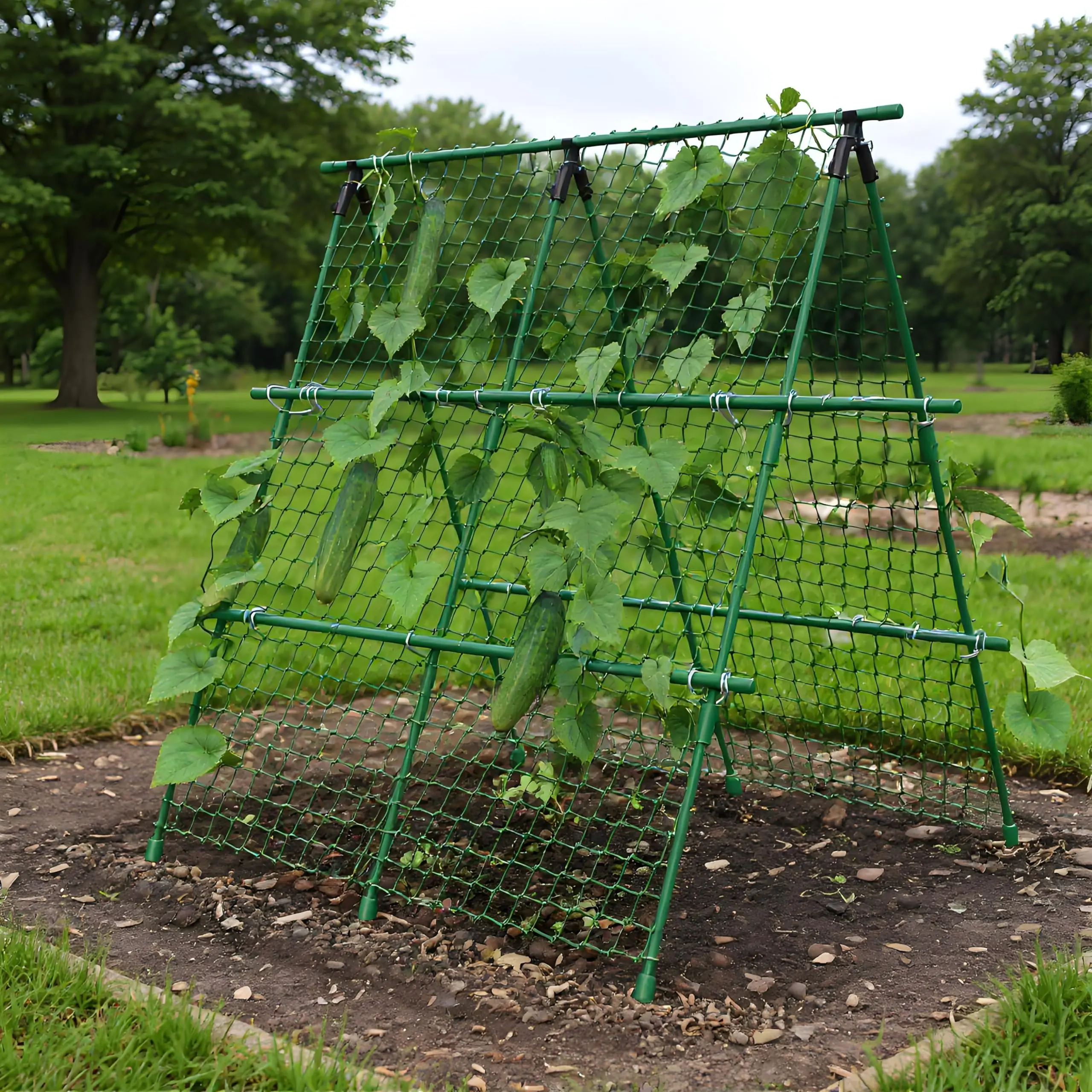 Trellis for Climbing Plants, 4x4 ft Metal A-Frame with Support Netting, Outdoor Vegetable Trellis for Tomatoes Cucumbers Peas Beans Grape Vines, Fits Raised Beds, Green