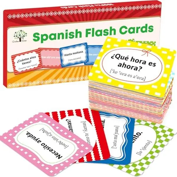 Spanish Conversational Phrase Flash Cards English to Spanish 100Pcs Double-Sided Bilingual Vocabulary Flashcards Learn Español Toys for Kids Adult Beginners Toddlers Grade School Classroom