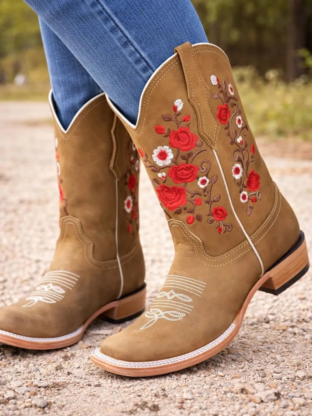 Women's Classic Leather Little Red Flower Honey Boots, Stylish Shoe for Juveniles