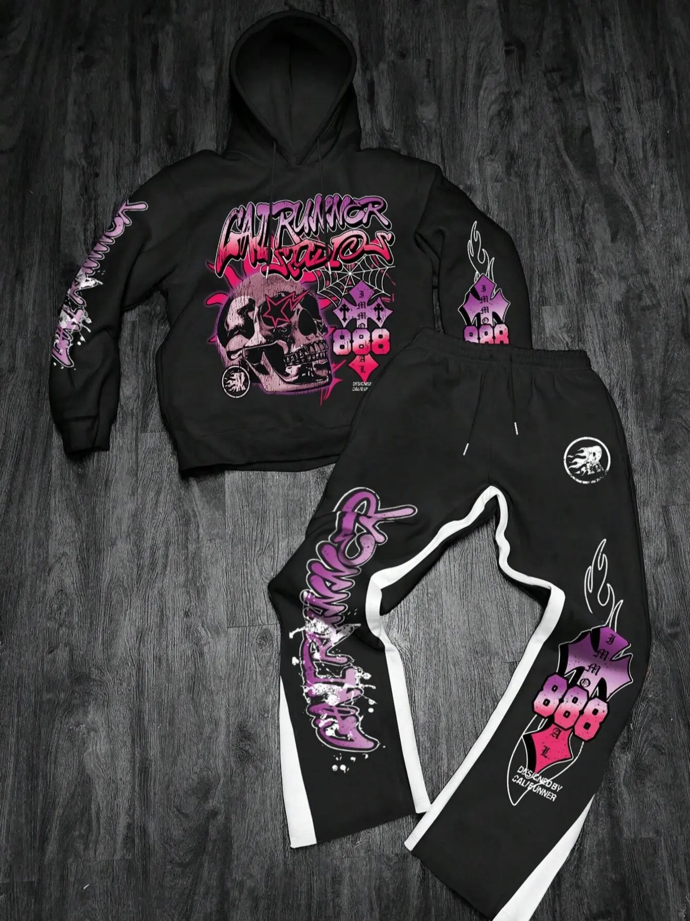 Men's 2-Piece Set Matching Skull Print Hoodie & Patchwork Pants, Loose-Fit Casual Menswear Fall Winter, Comfortable Breathable Clothing