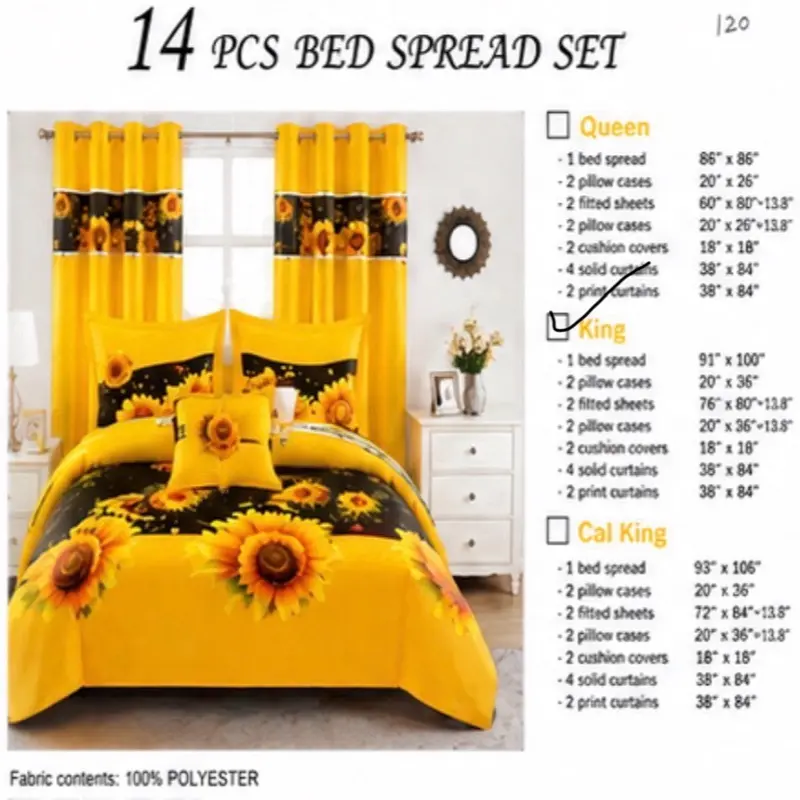 14-Piece Bedspread Set with Curtains & Decorative Pillows – Sunflower Design | King Size / Juego de Cubrecama de 14 Piezas con Cortinas y Cojines Decorativos – Diseño de Girasoles | King Size