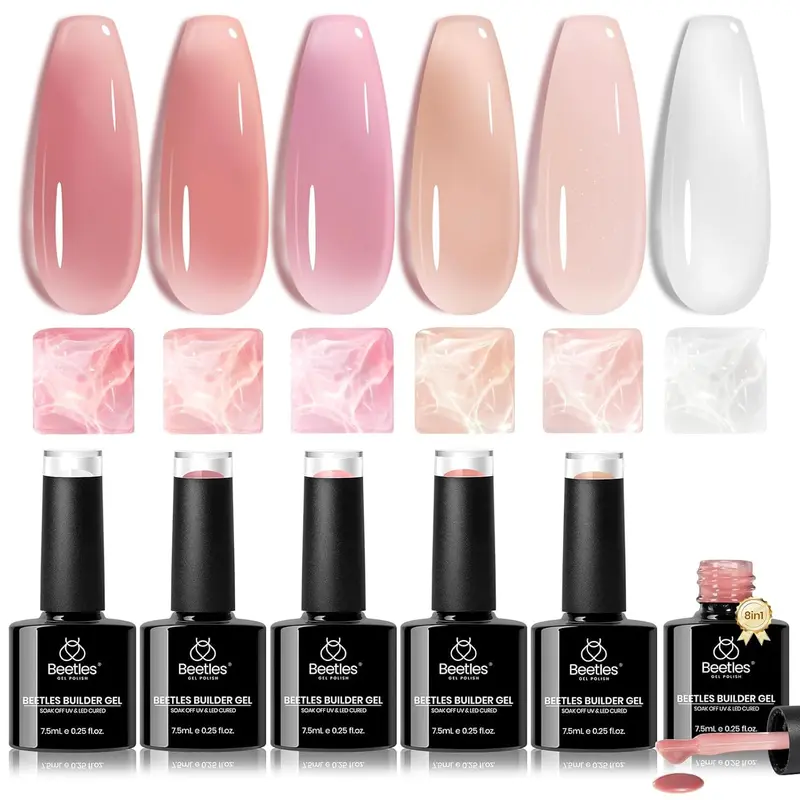 Beetles Builder Gel for Nails, 7 in 1 Strengthener Gel Builder for Nails, Jelly Clear Pink Nude Hard Gel Builder Gel for Nail Apex Nail Thickening Extension Gel Soak Off Uv for Women Manicure