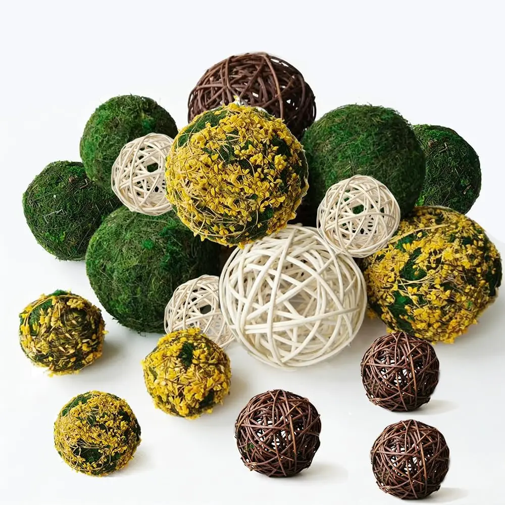 Tinsow 18Pcs Decorative Bowl Fillers - Mixed Moss Balls, Rattan Wicker Orbs, Dried Floral Spheres for Glass Vase, Farmhouse Home Table Centerpiece, Plants Decor, Wedding Gift, Set