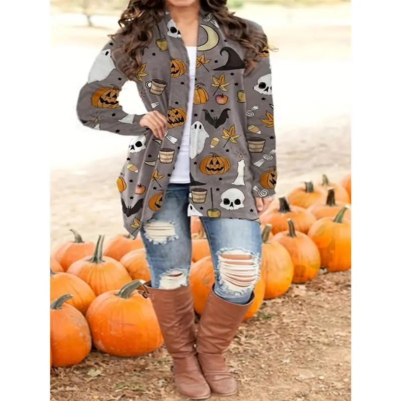 Women's Halloween Print Cardigan - Long Sleeve Stretchy Polyester-Spandex Blend with Pumpkin Skull Bat Witch Hat Print, Machine Washable Winter Casual Fall Sweater for Halloween Party Outfit Women's Halloween Print Cardigan - Long Sleeve Stretchy Polyester-Spandex Blend with Pumpkin Skull Bat Witch Hat Print, Machine Washable Winter Casual Fall Sweater for Halloween Party Outfit