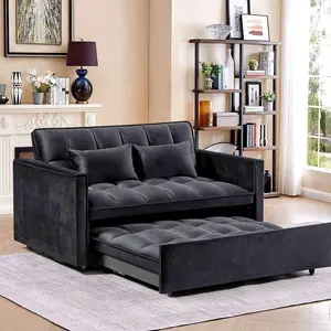 3 In 1 Convertible Sleeper  , Futon Couches For Living Room With Side Pocket|       Adjustable Backrest|       Velvet Fabric|       Pull Out Couch|       Love-Seat|       Sectional|       2-Seat   sofa bed Faux Fur Bean Bag Modern Black White Color