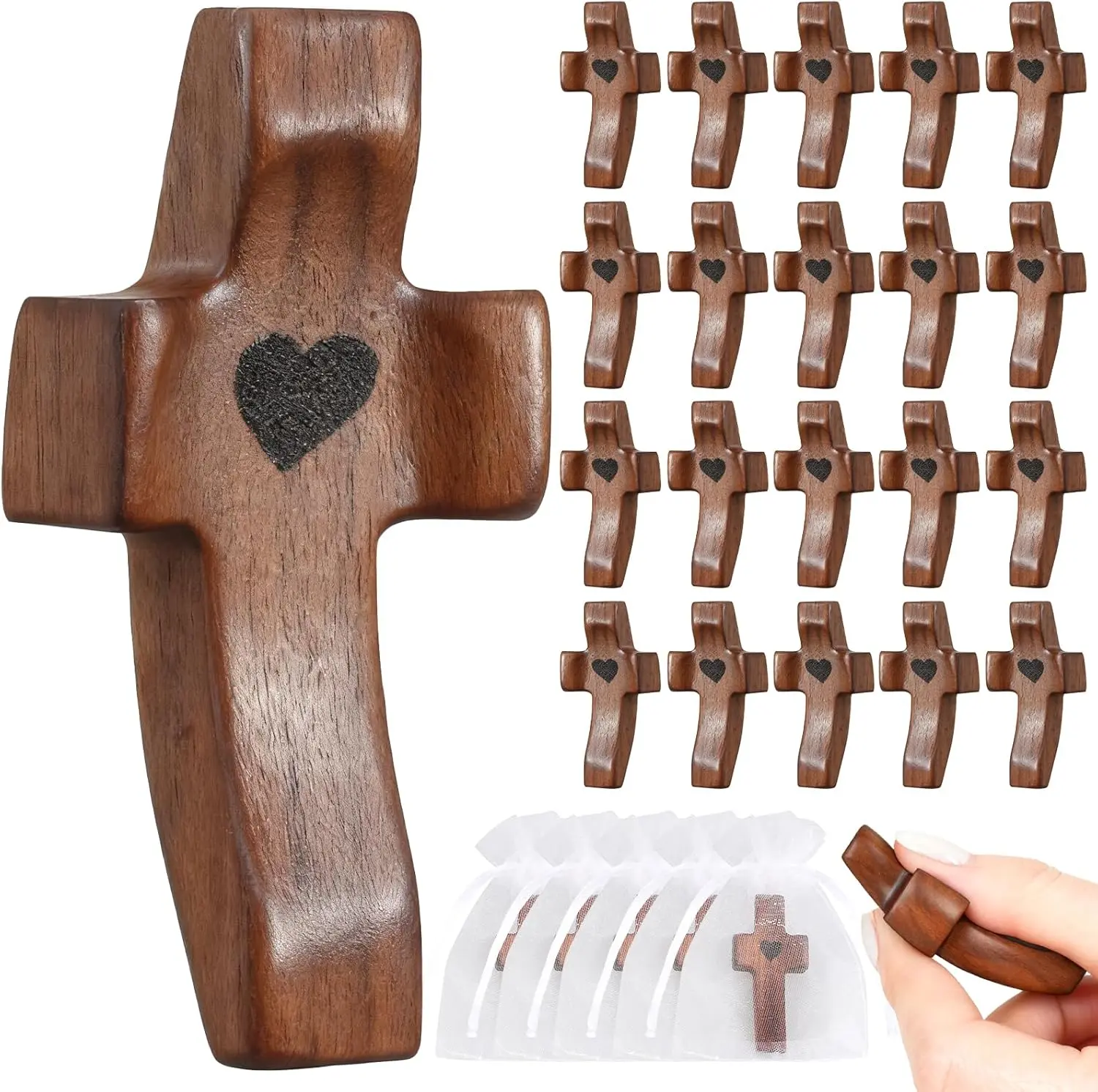 10/20-Set Small Size Wooden Cross Handheld Pocket Fidget Stress Reliever, Bulk with Organza Bag & Cards, Unisex Christian Encouragement Prayer Aid, Easter Party Favor Gift for Dads, Easter Gift
