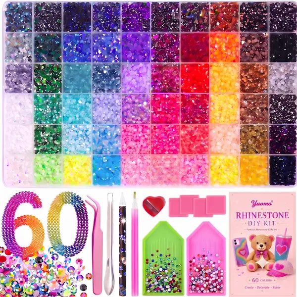 60000Pcs Bedazzling Kit，  Resin Jelly Rhinestones With Tools ，Multicolor 3mm AB Flatback Gems , Bedazzler kit with rhinestones  for Diamond Art  DIY Nails  Christmas And Birthday Gifts