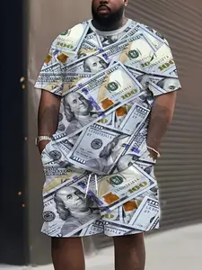Men's Creative Dollar 3D Print Summer Set, Short Sleeve T-Shirt and Trendy Stylish Shorts Combo, Plus Size, Casual Fashion, Menswear Outfit