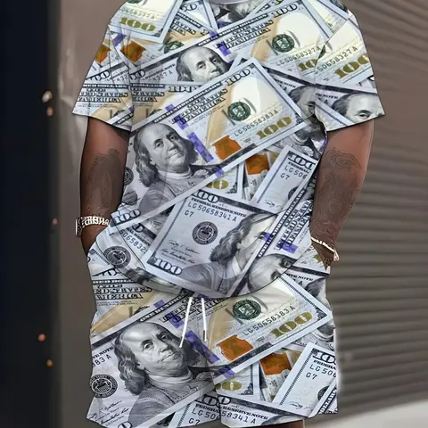 Plus Size Men's Dollar 3D Print Summer Short Sleeve T-Shirt and Shorts Set, Casual Stylish Outfit, Menswear, Style Set