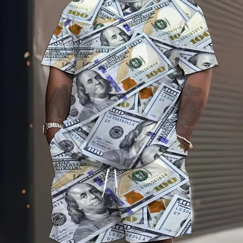 Plus Size Men's Dollar 3D Print Summer Short Sleeve T-Shirt and Shorts Set, Casual Stylish Outfit, Menswear, Style Set