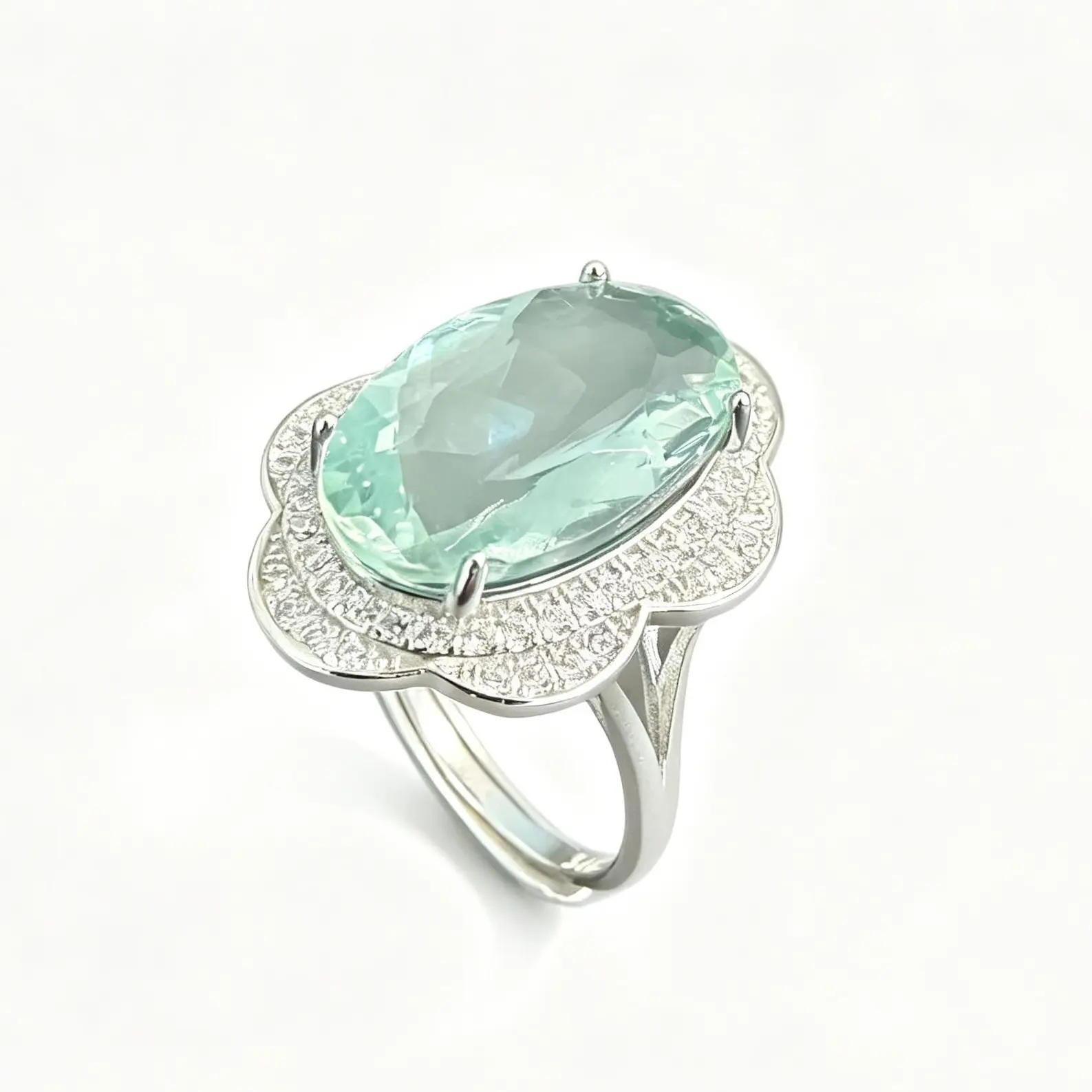 925 Sterling Silver Hand-Finished Adjustable Band Oval Cut 16×10mm Natural Green Fluorite Halo Ring, Vintage Glamour Adult Statement Piece for Birthday Gifts, Absorbs Negative Energy, Balances Emotions, Flower-Infused Jewelry Accessory