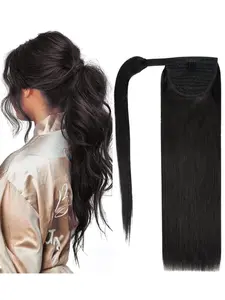 Real Human Hair Tail Extension, 70-100g, #1b Natural, 12-22inch Straight Ringlet, Clip-On, Daily Wear, Women's Hairstyle Accessory