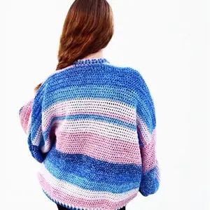 Handmade Sweater in Pink and Blue Cozy Oversized One Size Fits Most Striped Design