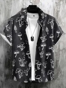 Men's Lightweight Polyester Fiber Casual Mushroom Printed Short Sleeve Shirt - Black and White Cartoon Mushroom Pattern, Machine Washable, Spring, Summer and Autumn Outdoor Activities Regular Design, Impermeable Fabric, Casual Shirts