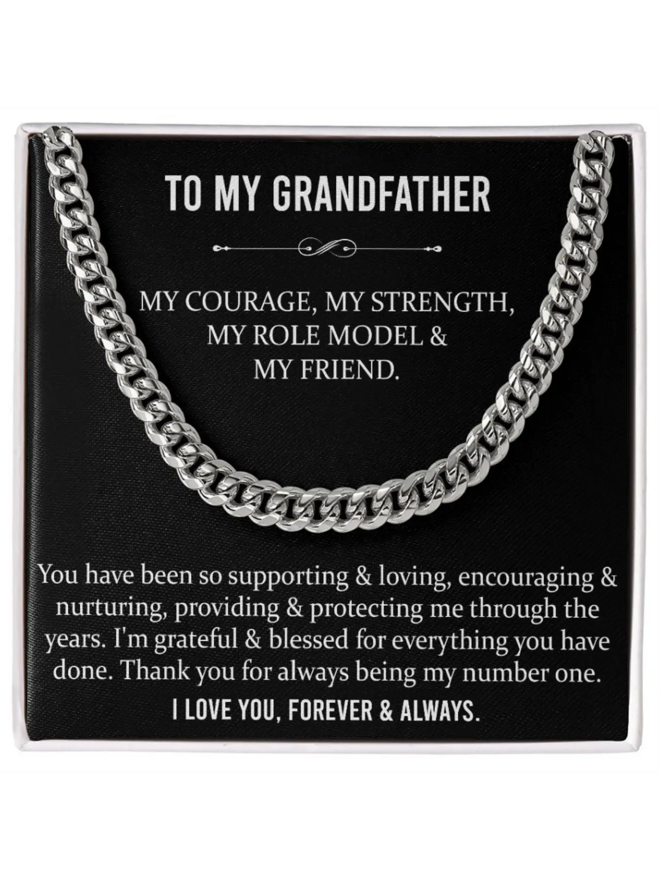 To My Grandfather Stainless Steel Cuban Link Design Chain Necklace with Message Card and Gift Box Gift for Birthday/Christmas/Father’s Day Gift