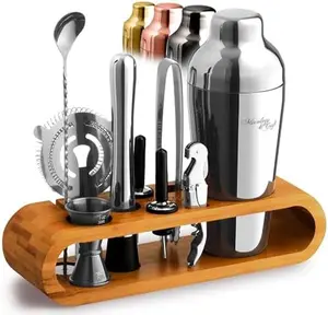 Cocktail Shaker Set - 10-Piece Cocktail Making Set - Home Bartender Kit in Bamboo Stand with Spoon, Boston Shaker, Other Tools for Drink Mixing, Martini, Mocktail - Gift Set (Silver)