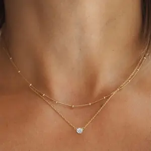 Layered CZ Solitaire Necklace, 14K Gold Plated Satellite Bead Chain Double Layered Dainty Choker Necklace for Women