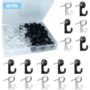 50 PCS Push Pin Hooks, Plastic Heads Cork Board Hooks Decorative Thumb Tacks Hook for Photo Wall, Bulletin Board, Home Wall, Home Office School Supplies (Black and Clear)