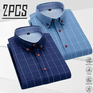 Two-pack men’s plaid shirts with contrasting colors, British business-casual style. Wrinkle-resistant, breathable, skin-friendly fabric. Orange contrast buttons paired with plaid details within the collar. Drapes well, slimming without being figure-depend
