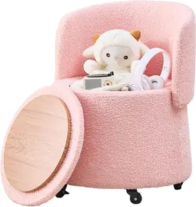 Storage Ottoman Modern Vanity Stool with Back Teddy Velvet Footstool with 5 Universal Wheels for Extra Seating Small Side Table Footrest Stool Makeup, Bedroom summervibes