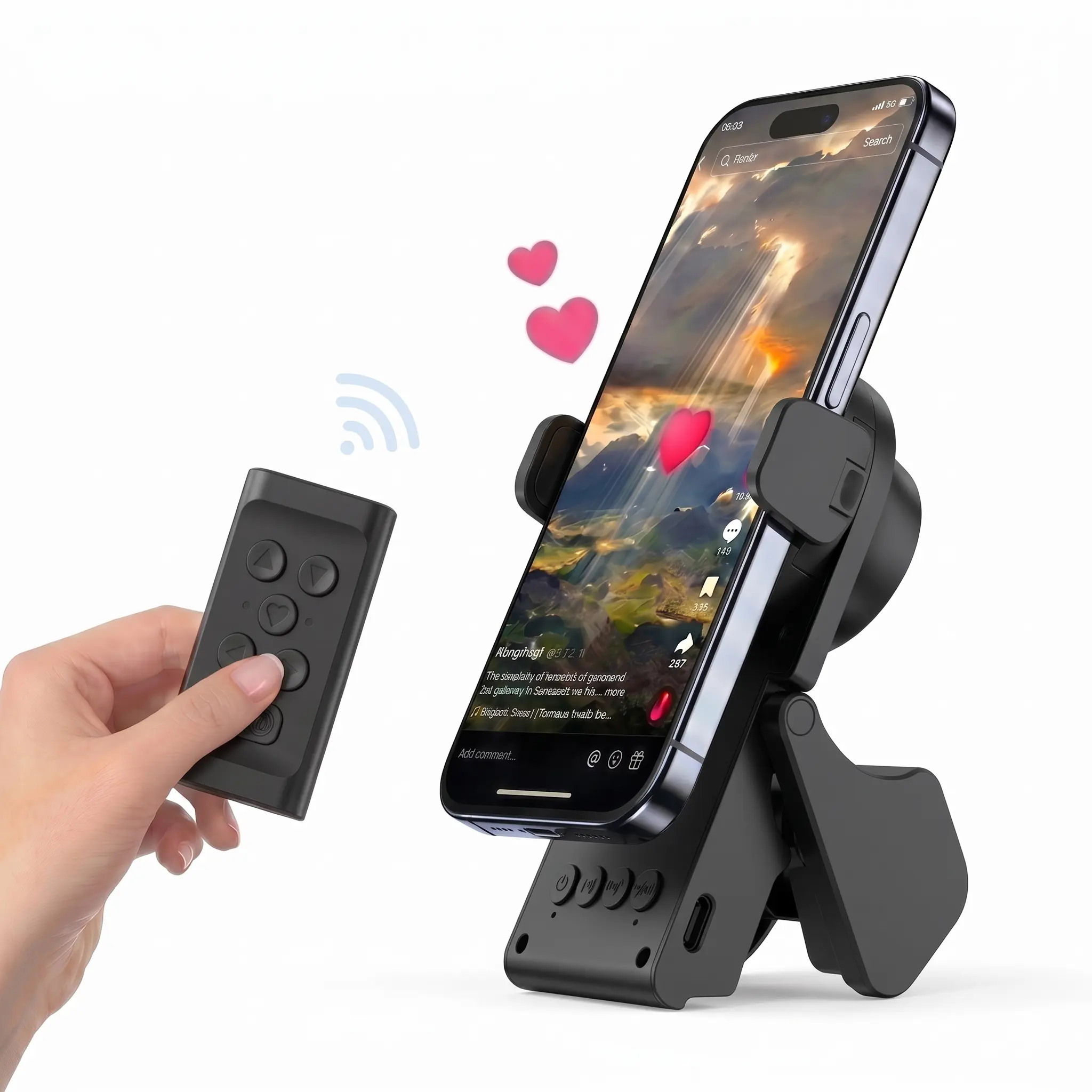 4-in-1 Wireless Scroll Remote Controller - Built-in Bluetooth Speaker, Foldable Phone Stand, E-Book Page Turner, Camera Shutter for Selfie & Video Recording, Compatible with iPhone, iPad, Android Phones