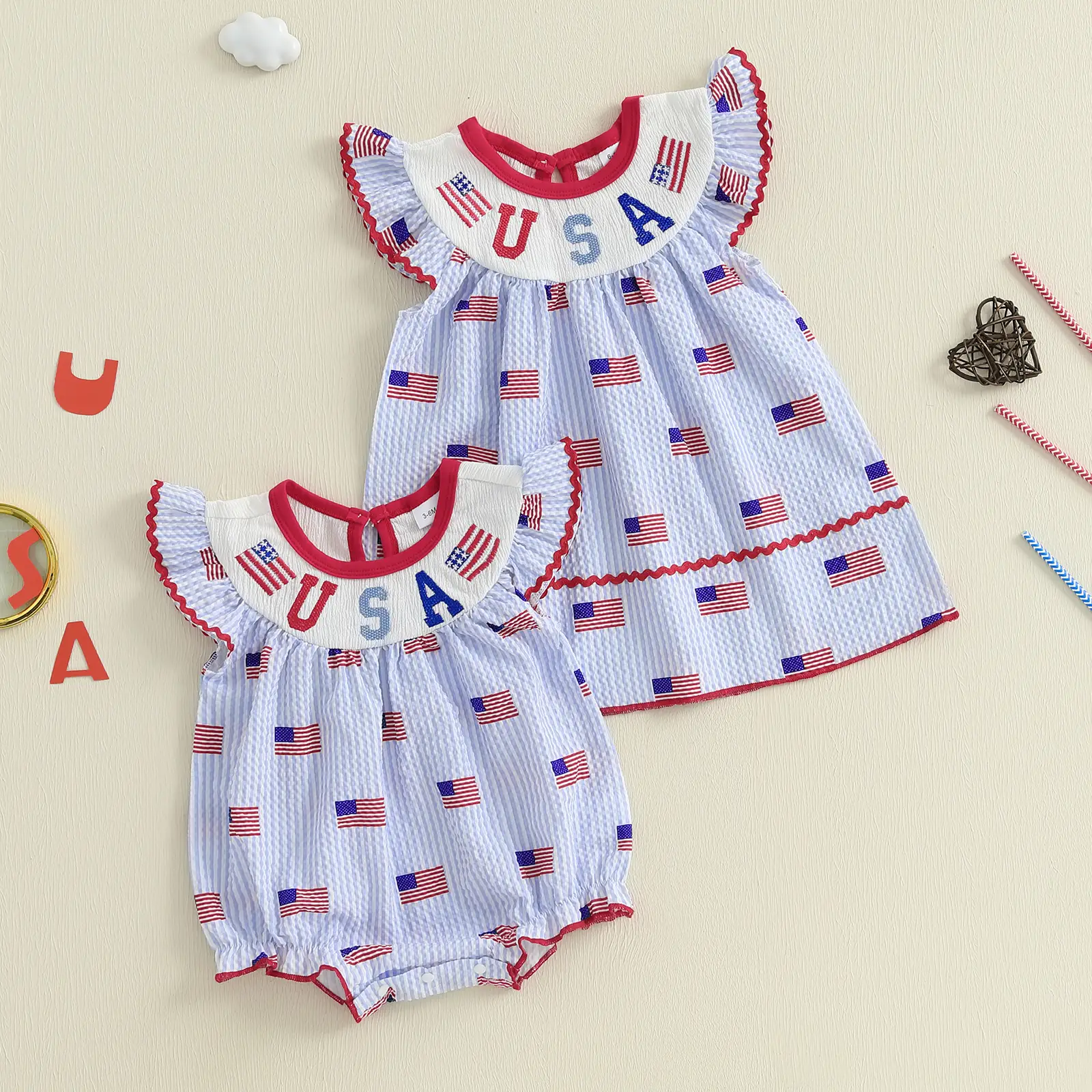 Infant Baby Girl 4th of July Romper/Dress Fly Sleeve Flag Stripes Print Bodysuit Toddler Dress