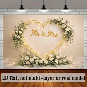 Beige Minimal Wedding Backdrop Luxury Heart Frame Backdrop Floral Light Background Cloth Wedding Tapestry Wall Hanging Photography Background Polyester Fiber Ceremony Party Studio Event Decor Prop Wall Art
