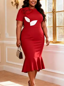 Elegant Women's Rose Flower Decorated Cinched Waist Mermaid Bodycon Dress, Leaf Patchwork Hem Skirt for Formal Party Wedding Guest Cocktail Church Fashion Womenswear
