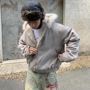 2024 Harajuku American-style men’s cotton hooded jacket with fur collar — 2025 new winter warm street plus velvet thickened casual jacket