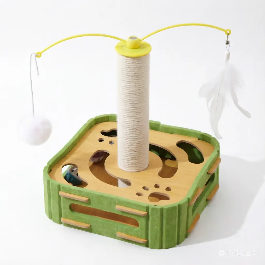 Cat Puzzle Toys Interactive Dancer Teasing Box with Squeaky Toys and Scratching Felt,Kitten Track Ball Toy for Indoor Cats Physical Exercise (Square,Puzzle Box with Cat Post)