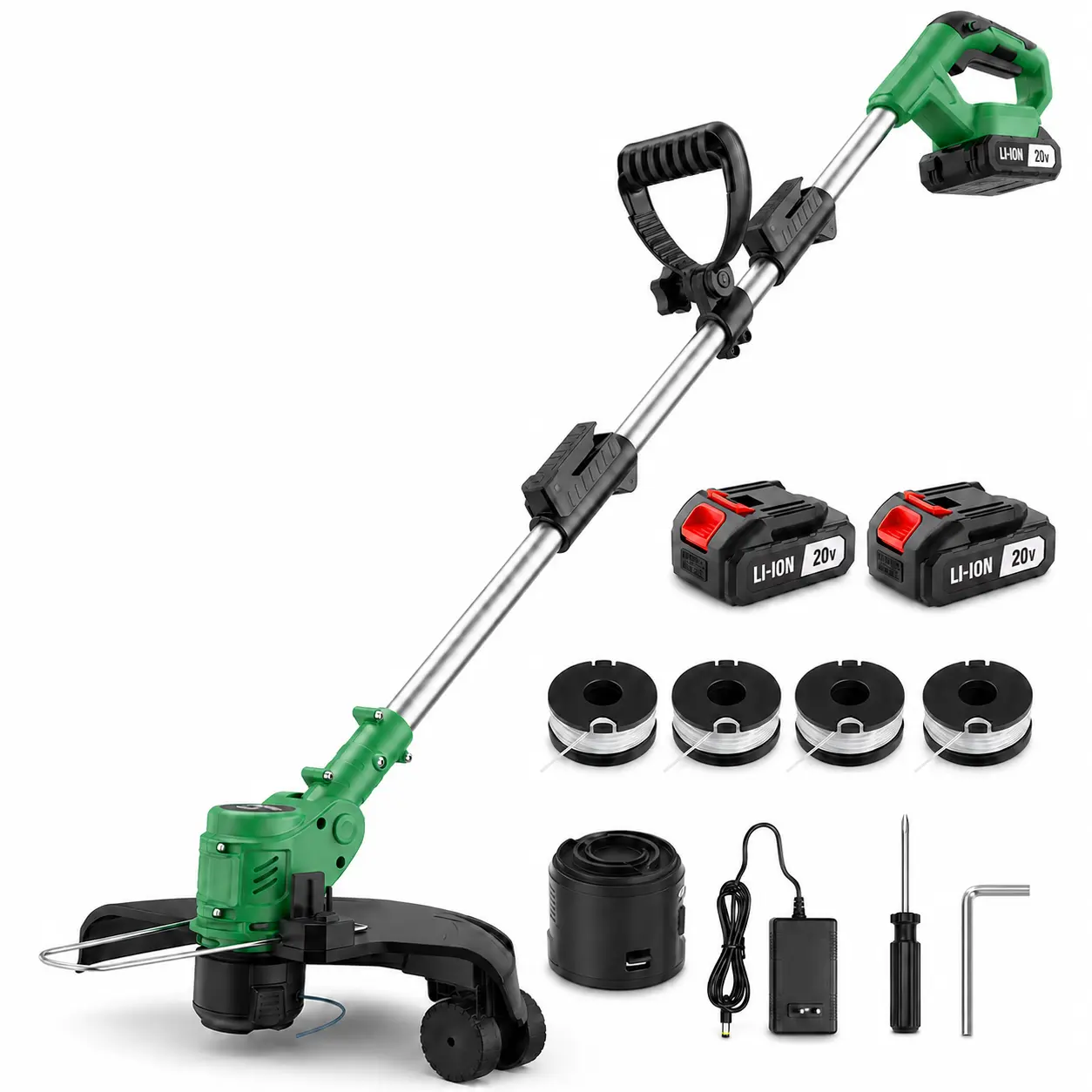 20V Cordless Electric String Trimmer Li-ion Kit, Weed Wacker with 2 Batteries, Spools+Charger, Adjustable Telescopic Shaft, Wheels Support, for Lawn Edging, Grass Trimming, 20V Kit