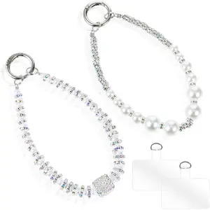 2 Pcs Pearl Phone Wrist Strap with Tether Tab, Detachable Phone Bracelet Strap, Pearl Beaded Phone Wristlet Strap for Phone Case, Anti-Loss Cell Phone Bracelet Wristlet for Wallet Camera Charm