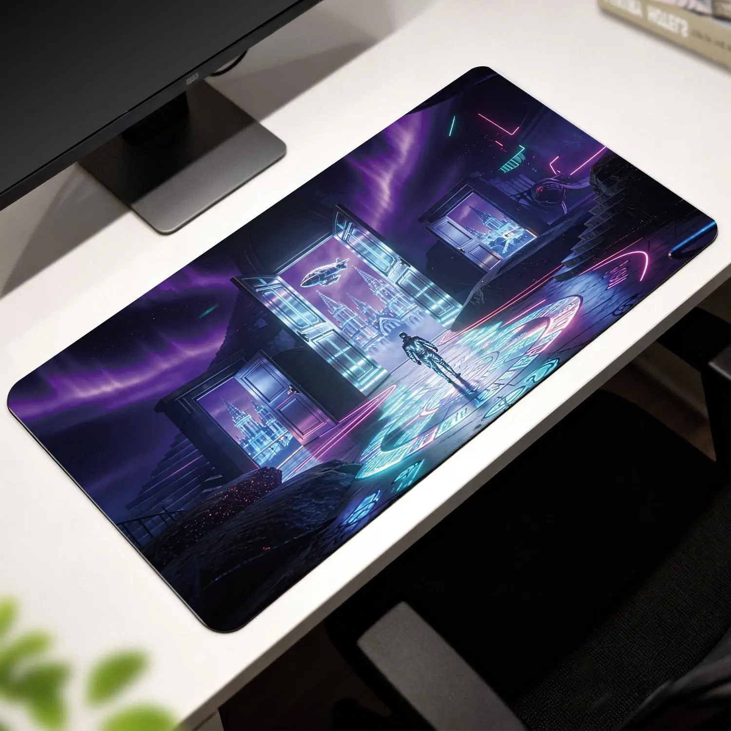 LIVEKEY Cyberpunk Sci-Fi Computer Mouse Pad, 80x40cm 3D Neon Future Landscape Gaming Accessory Desk Mat, Non-Slip Rubber Base, Reinforced Edge, Plastic, for PC/Laptop Use, Desk Matt