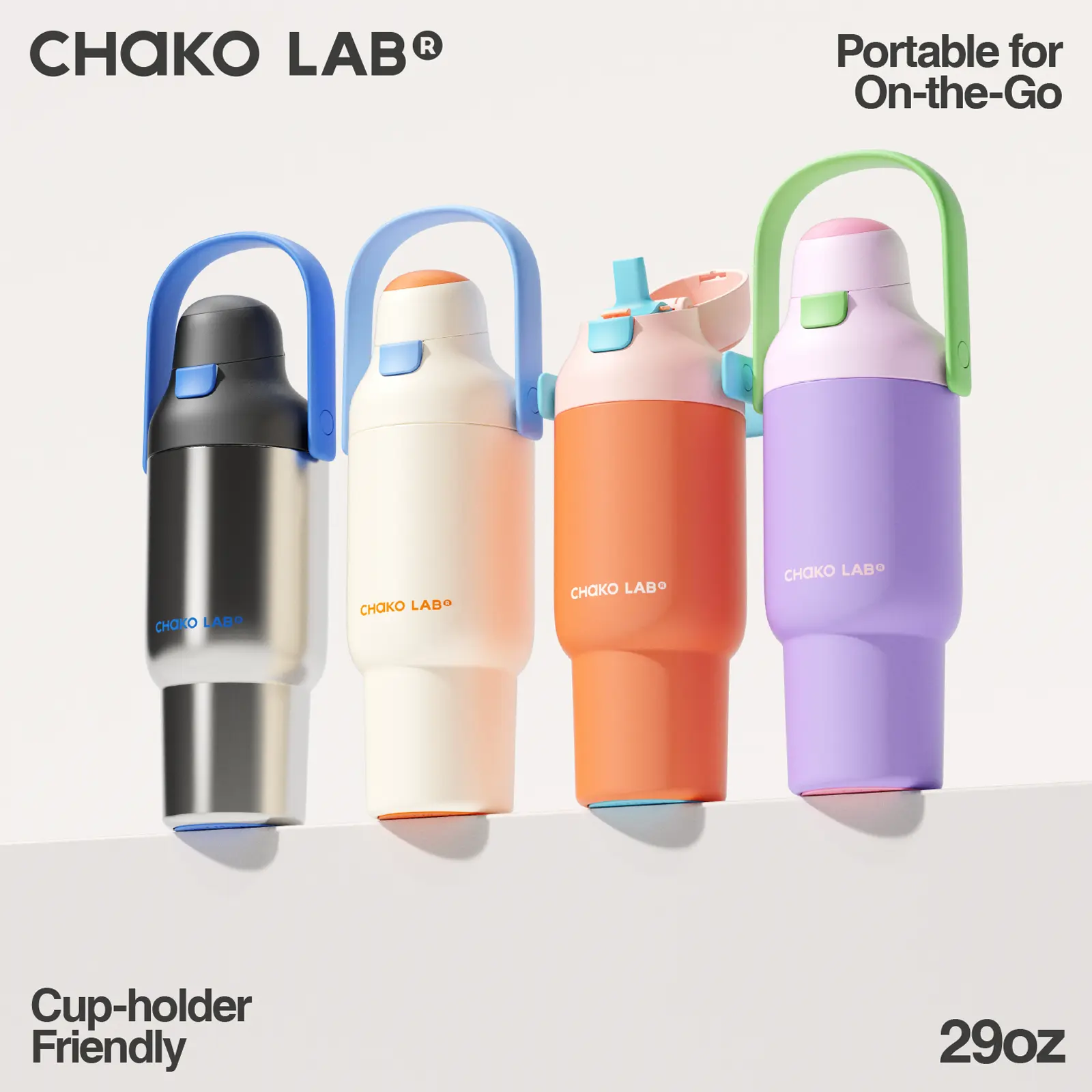 CHaKO LAB CarryGo Portable 29oz Insulated Stainless Steel Flask with Handle, Button-Operated 2-in-1 Straw & Sip Lid, 316 Leakproof Drink Bottle, Car Cup Holder Friendly