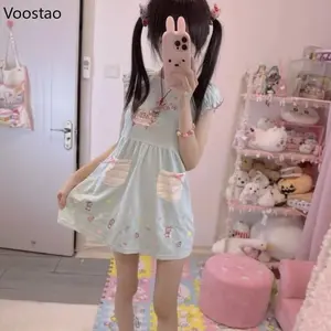 Japanese Kawaii Lolita Style Dress Women Sweet Cartoon Bunny Bear Embroidery Party Mini Dress Korean Female Princess Dresses