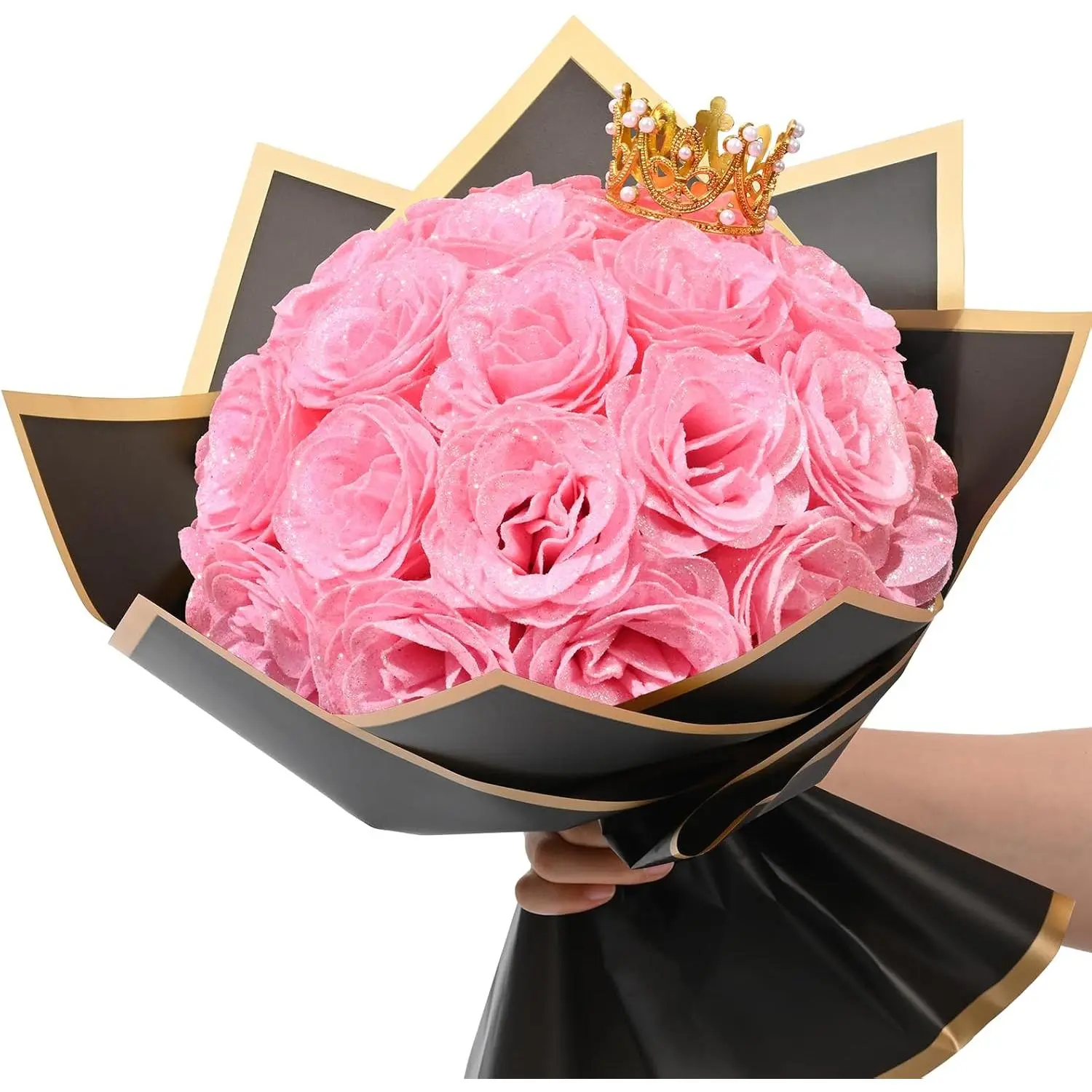 Pink Glitter Roses Bouquet, DIY   Bouquet, Everlasting Shiny Artificial Rose Bouquet for Valentine's Day, Anniversary, Engagement, Wedding, 24 Roses