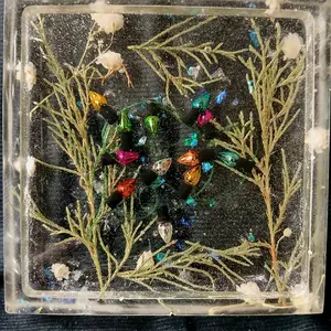 Handmade Holiday Floral Resin Coaster - Approximately 4" Diameter with Various Floral Designs, Artificial Holiday Lights & Greenery - Tableware