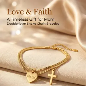 Mother's Day Gift - "MUM" Heart & Cross Snake Chain Bracelet for Women, 18K Gold/Silver Plated Stainless Steel Jewelry, Elegant Faith & Love Charm Bracelet for Mom, Grandma, Wife, Anniversary Gift with Gift Box