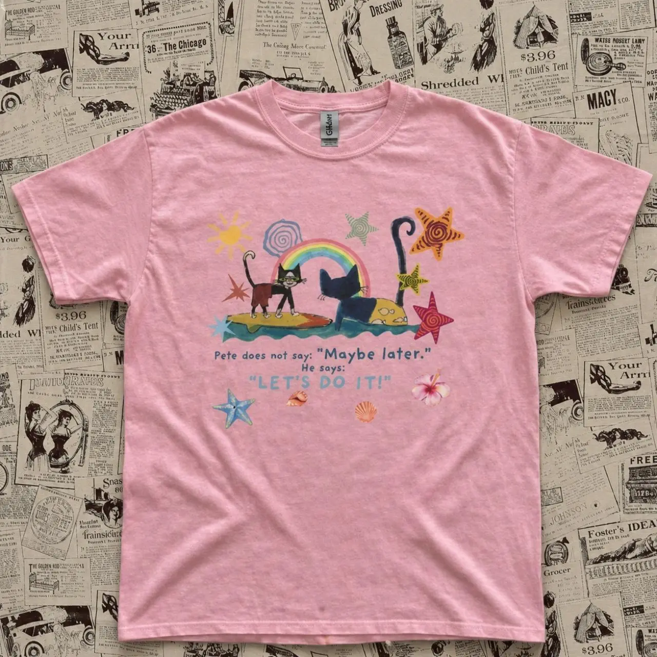 Pink Pete The Cat With Two Cats On A Surfboard With A Rainbow And Stars Baby Tee – Retro Character Graphic Top