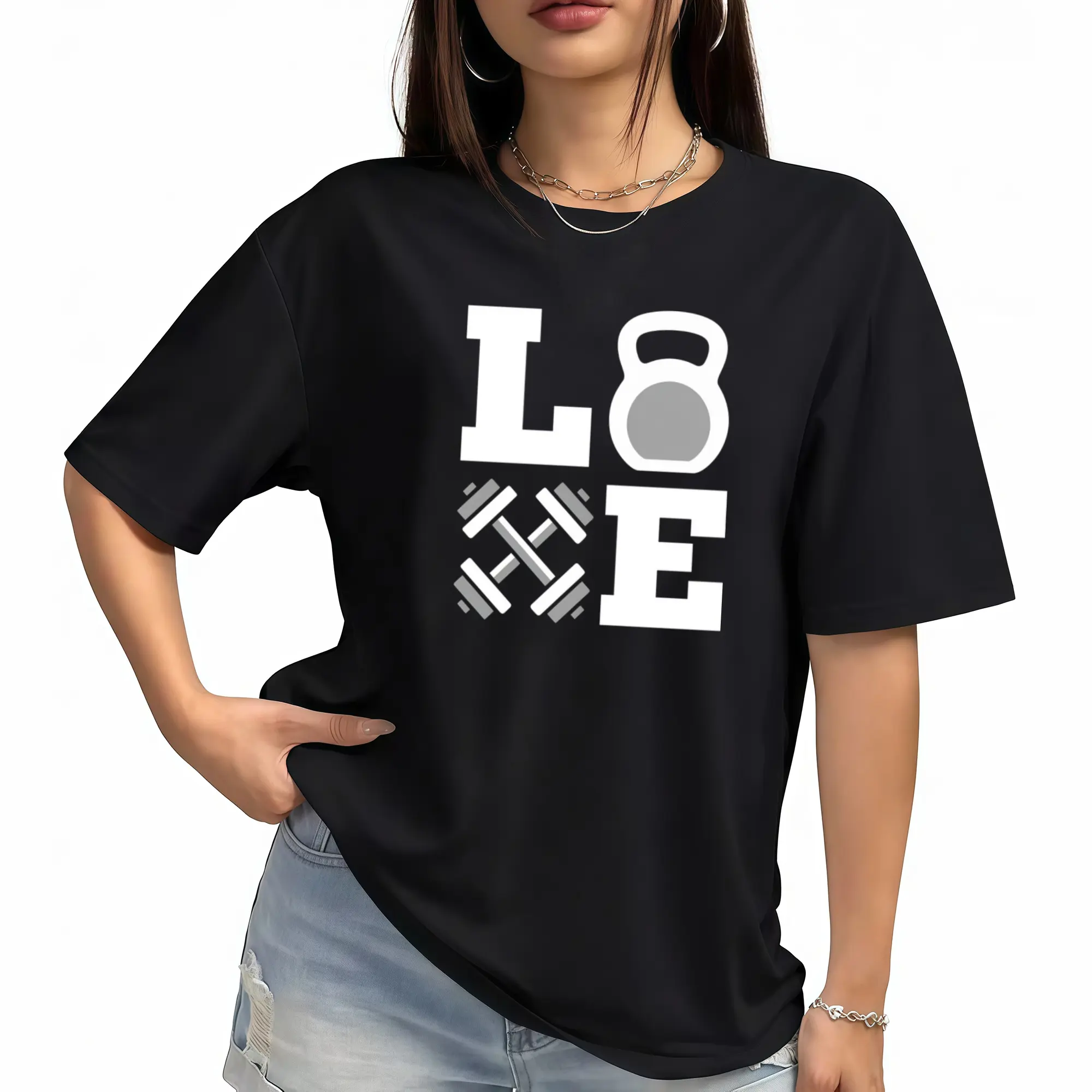 Men' & Women' Fitness LOVE T-Shirt with Kettlebell & Dumbbell Graphic - Retro Weightlifting Workout Tee - Strength Training Apparel for Gym, Powerlifting - Loose Fit Round Neck T-Shirt Suitable for, Bodybuilders, Athletes - Great Birthday Gift