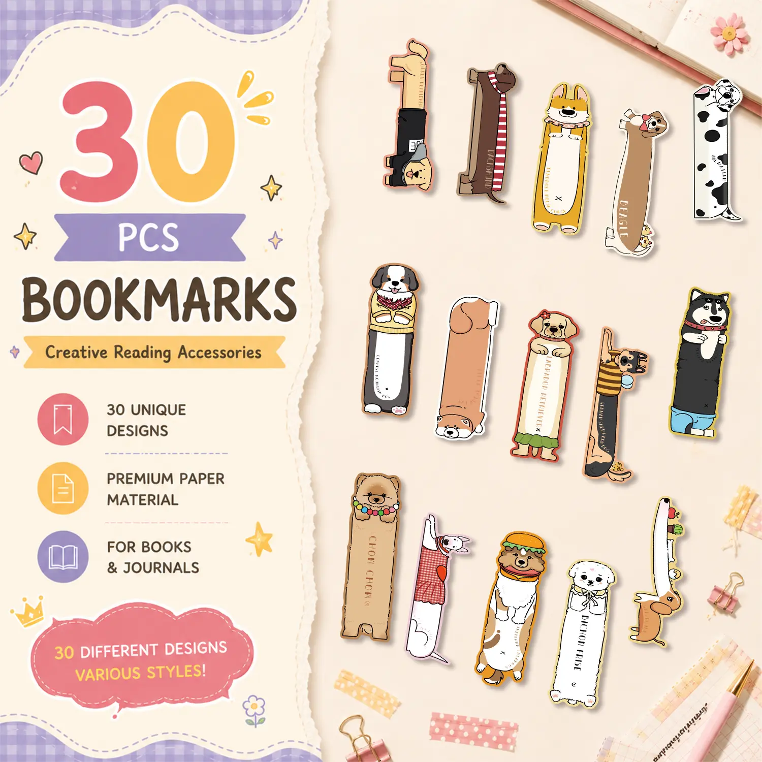 60PCS Cute Animal Reading Bookmarks Set, Cartoon Animal Paper Page Markers, Adorable Decorative Bookmarks for Books, Novels, Journals, Planners, Office & Home Reading Accessoes