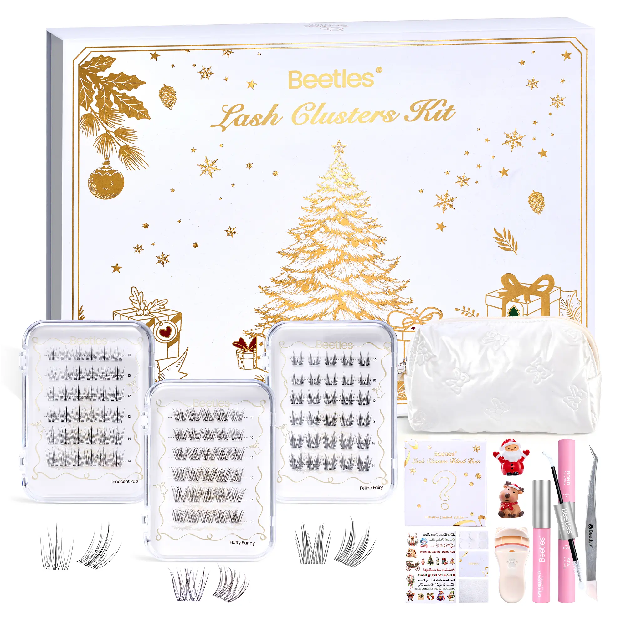 beetles Gel Polish Christmas Lash Clusters Kit, Gentle & Lightweight DIY Eyelash Extensions with 4 Fluffy Styles, Bond & Seal, and Remover Gift Set