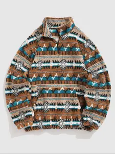 Men's Ethnic Pattern Zip Up Kangaroo Pocket Plush Sweatshirt, Casual Boho Style Drop Shoulder Long Sleeve Fuzzy Outerwear, Men's Fall & Winter Clothes