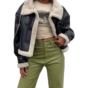 Women's Faux Shearing Moto Bomber Jacket Sherpa-Lined Coat Winter Aviator Leather Coat Outerwear