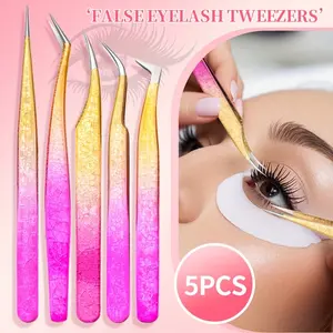 1/5pcs with travel organizer Professional Stainless Steel Eyelash Extension Tweezers Set with Travel Organizer Set, Gradient Ice Flower Design, Non-Slip Handle Stainless Steel Straight Tweezers and Curved Tweezers Coating Tip - DIY Precision Eyelash Tool