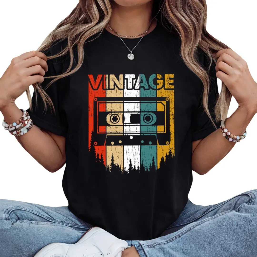 Women's Vintage 80s 90s Retro Cassette Tape T-Shirt -Short Sleeve Tee with Cassette Player Graphic, Black & Multicolor Retro Design, Machine Washable Nostalgic Music Lover Top for Casual Wear (Cassette Tape Shirt)