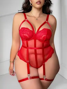 bras for plus size Christmas style red lace patchwork mesh hollow out oversized sexy jumpsuit with steel ring, leg ring, and belt 4-piece set oversize gift plus size hot Lingerie Womenswear Bridal Basic Minimalist Halloween Soft Big Red