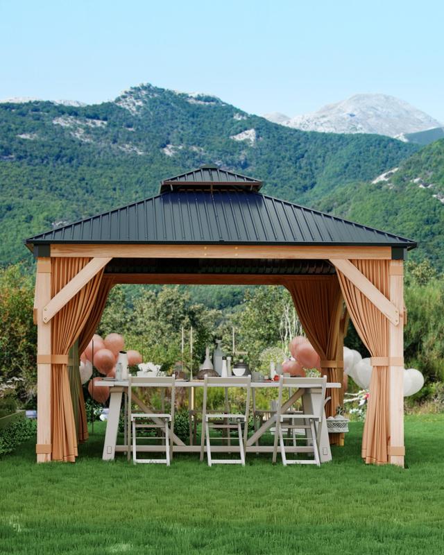 GARVEE Hardtop Wood Gazebo 10'x10' for All Weather, with Double Metal Roof, Heavy Duty Wooden Frame, Net, and Curtain, Permanent Building for Patio, Deck, Backyard, Lawn, and Garden, Khaki