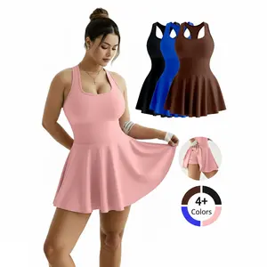 Women's Stylish U-Neck Sleeveless Dress with Built-In Bra & Shorts High Elastic Nylon Spandex Fabric Perfect for Tennis Golf & Exercise